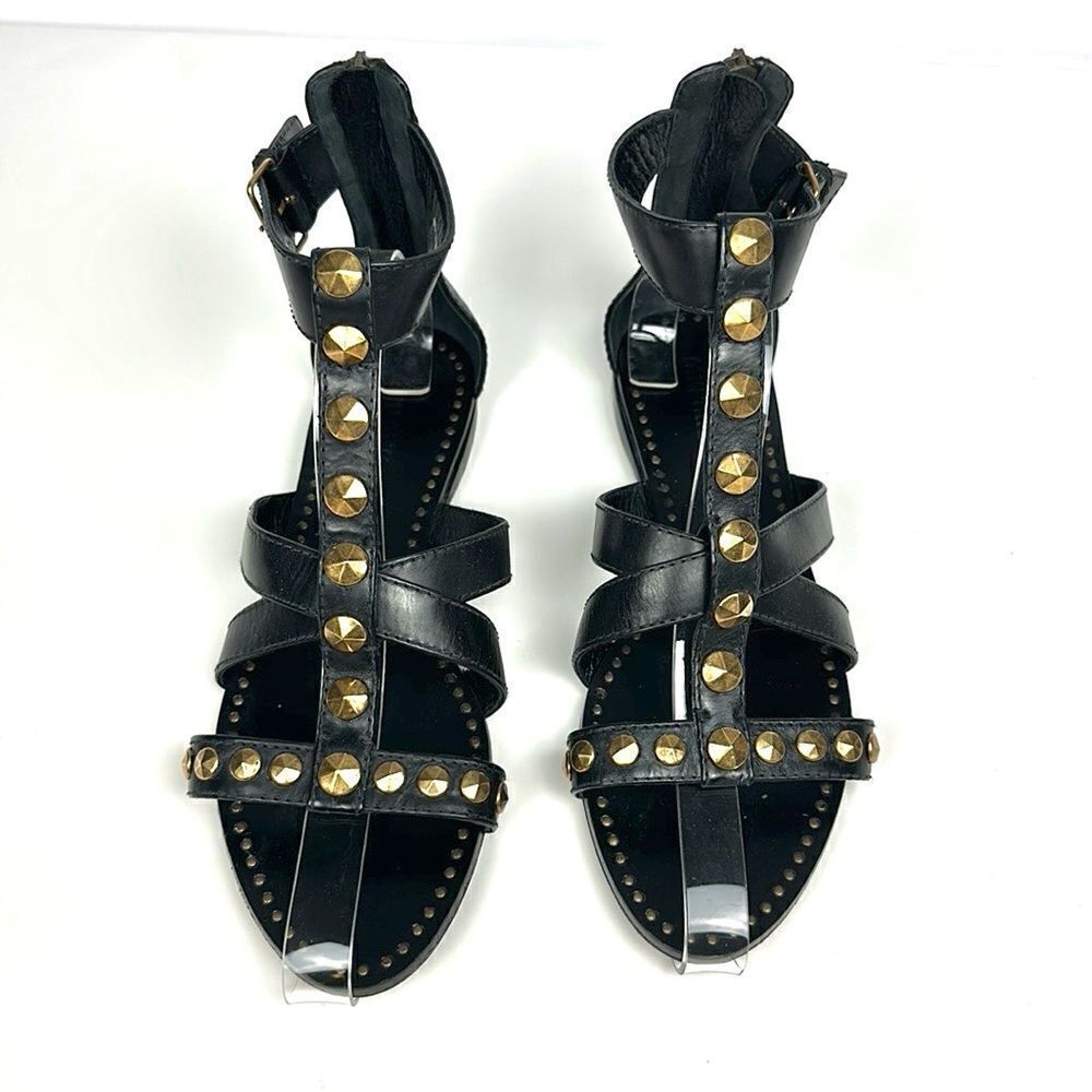 Miu Miu Black Leather Studded Gladiator Sandals with Gold Accents - Picture 4 of 14